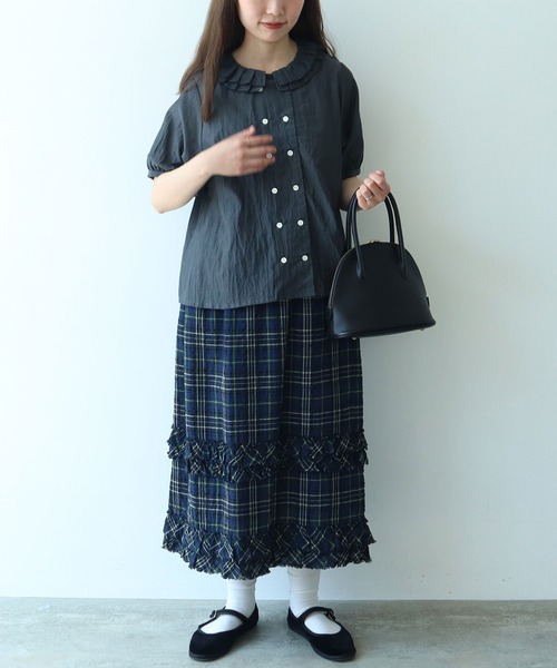 bulle de savon（ビュルデサボン）の「△コットン/キュプラ ローンIBK 半袖bebe ブラウス（シャツ/ブラウス・レディース・チャコールグレー/ホワイト・FREE）」の19枚目の写真