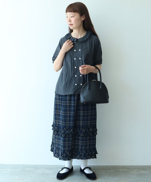 bulle de savon（ビュルデサボン）の「△コットン/キュプラ ローンIBK 半袖bebe ブラウス（シャツ/ブラウス・レディース・チャコールグレー/ホワイト・FREE）」の20枚目の写真