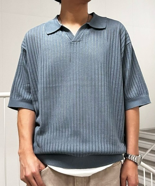 BACK NUMBER】透かし編みニットスキッパーポロシャツ（ニット