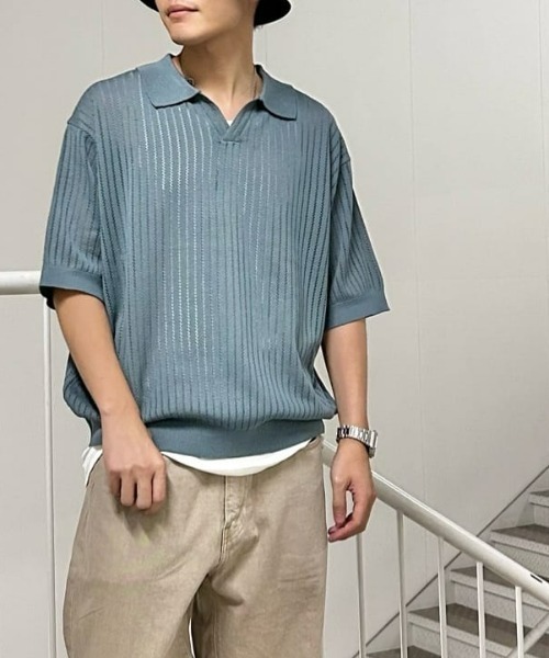 BACK NUMBER（バックナンバー）の「【BACK NUMBER】透かし編みニットスキッパーポロシャツ（ニット/セーター・メンズ・ブラック/ライトブラウン/ターコイズブルー・M/L/XL）」の17枚目の写真