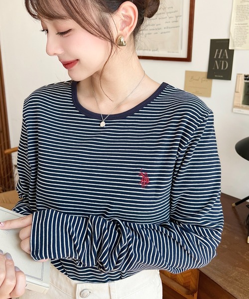 セール】U.S.POLO ASSN.ワンポイント刺繍袖くしゅくしゅボーダーロンT