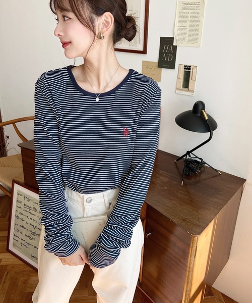 U.S. POLO ASSN.（ユーエスポロアッスン）の「moment＋別注【U.S.POLO ASSN.】ワンポイント刺繍袖くしゅくしゅボーダーロンT（Tシャツ/カットソー・レディース・チャコールグレー/オフホワイト/ブラック/ネイビー/オートミール・L/M）」の15枚目の写真