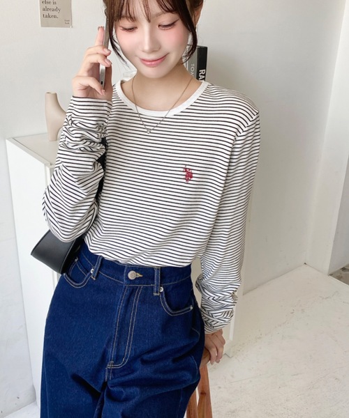 セール】U.S.POLO ASSN.ワンポイント刺繍袖くしゅくしゅボーダーロンT