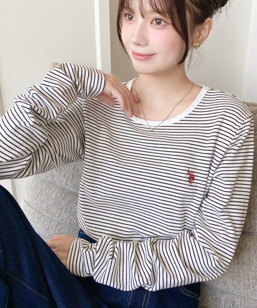 セール】U.S.POLO ASSN.ワンポイント刺繍袖くしゅくしゅボーダーロンT