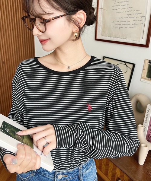 U.S. POLO ASSN.（ユーエスポロアッスン）の「moment＋別注【U.S.POLO ASSN.】ワンポイント刺繍袖くしゅくしゅボーダーロンT（Tシャツ/カットソー・レディース・チャコールグレー/オフホワイト/ブラック/ネイビー/オートミール・L/M）」の18枚目の写真