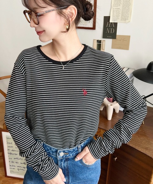 U.S. POLO ASSN.（ユーエスポロアッスン）の「moment＋別注【U.S.POLO ASSN.】ワンポイント刺繍袖くしゅくしゅボーダーロンT（Tシャツ/カットソー・レディース・チャコールグレー/オフホワイト/ブラック/ネイビー/オートミール・L/M）」の20枚目の写真