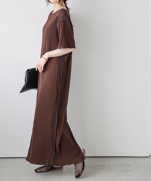 La-gemme（ラジェム）の「配色ステッチプリーツワンピース/体型カバー/ストレスフリー/快適素材（ワンピース・レディース・ブラック/オレンジ/グリーン/ブラウン・フリー）」の19枚目の写真