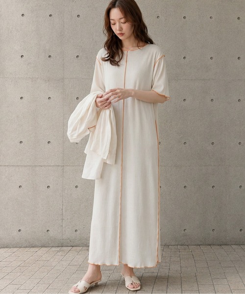 La-gemme（ラジェム）の「配色ステッチプリーツワンピース/体型カバー/ストレスフリー/快適素材（ワンピース・レディース・ブラック/オレンジ/グリーン/ブラウン・フリー）」の14枚目の写真