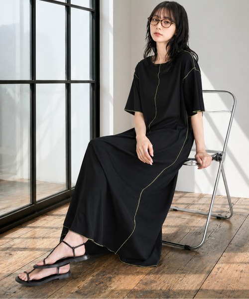 La-gemme（ラジェム）の「配色ステッチプリーツワンピース/体型カバー/ストレスフリー/快適素材（ワンピース・レディース・ブラック/オレンジ/グリーン/ブラウン・フリー）」の7枚目の写真