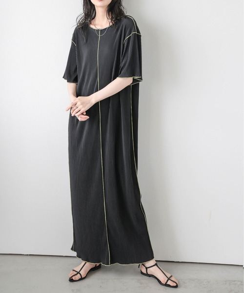 La-gemme（ラジェム）の「配色ステッチプリーツワンピース/体型カバー/ストレスフリー/快適素材（ワンピース・レディース・ブラック/オレンジ/グリーン/ブラウン・フリー）」の5枚目の写真