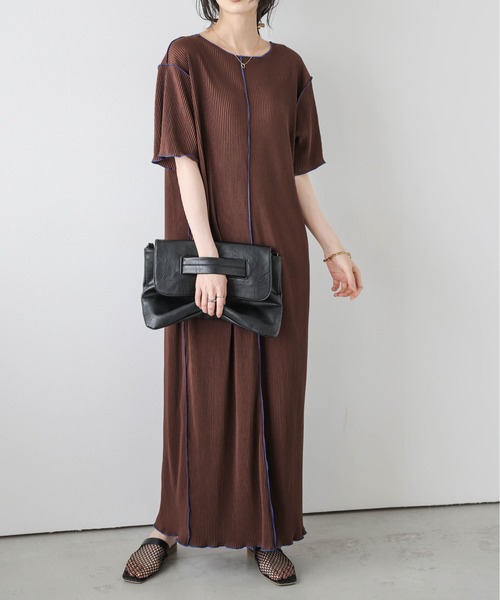 La-gemme（ラジェム）の「配色ステッチプリーツワンピース/体型カバー/ストレスフリー/快適素材（ワンピース・レディース・ブラック/オレンジ/グリーン/ブラウン・フリー）」の8枚目の写真