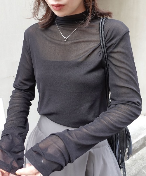 CORNERS(コーナーズ)の「パワーメッシュボトルネックロンT(Tシャツ/カットソー・レディース・オフホワイト/ブラック/ブラウン/ダークグレー/パープル/マスタード・M)」の9枚目の写真