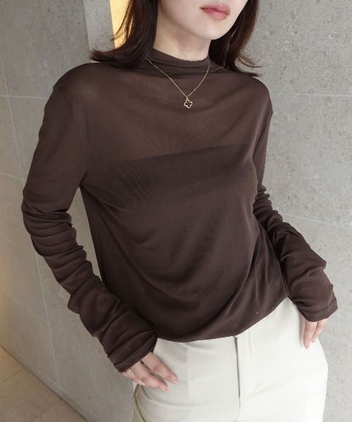 CORNERS(コーナーズ)の「パワーメッシュボトルネックロンT(Tシャツ/カットソー・レディース・オフホワイト/ブラック/ブラウン/ダークグレー/パープル/マスタード・M)」の12枚目の写真