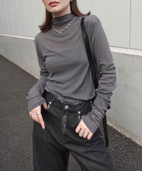 CORNERS(コーナーズ)の「パワーメッシュボトルネックロンT(Tシャツ/カットソー・レディース・オフホワイト/ブラック/ブラウン/ダークグレー/パープル/マスタード・M)」の15枚目の写真