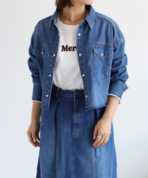 〈セットアップ対応〉ロゴ刺繍ショートデニムシャツ
