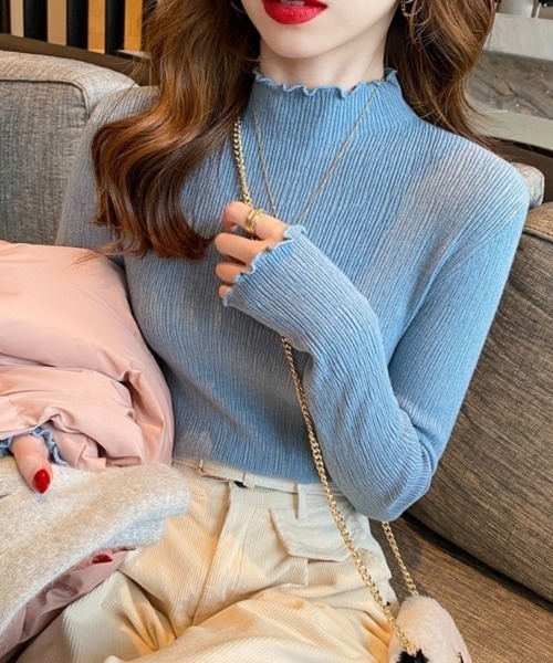 Beststore(ベストストア)の「フリルカラーハイネックニットトップス リブ(ニット/セーター・レディース・ライトブラウン/ブルー/ブラック/ライトベージュ/ピンク/ブラウン/ホワイト/イエロー・FREE)」の6枚目の写真