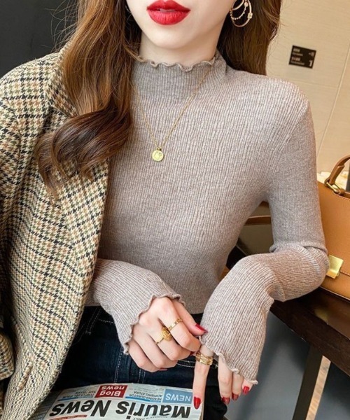 Beststore(ベストストア)の「フリルカラーハイネックニットトップス リブ(ニット/セーター・レディース・ライトブラウン/ブルー/ブラック/ライトベージュ/ピンク/ブラウン/ホワイト/イエロー・FREE)」の10枚目の写真