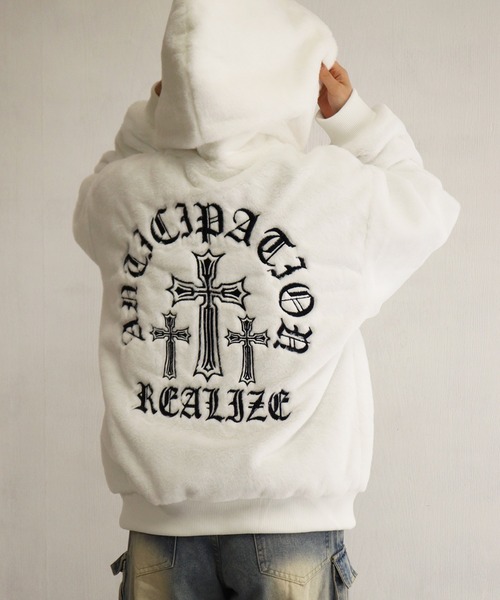 セール】クロス ハート 刺繍 ファーパーカー オーバーサイズ（パーカー