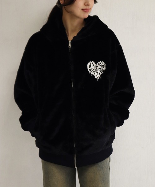 セール】クロス ハート 刺繍 ファーパーカー オーバーサイズ（パーカー