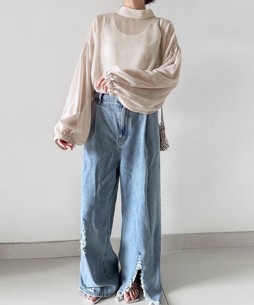 ONEP STAR(ワンピスター)の「透け感×立体フォルムエアリーブラウス(シャツ/ブラウス・レディース・ブラウン/ベージュ/ミント/ブラック/グレー・FREE)」の9枚目の写真