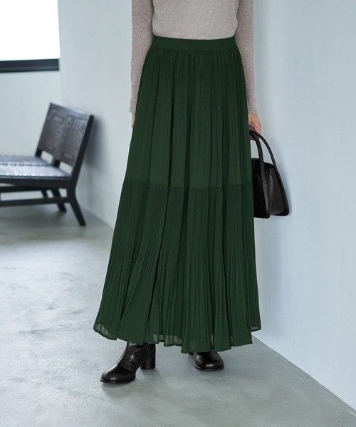 STYLE DELI（スタイルデリ）の「シフォンジョーゼットMIXプリーツスカート（スカート・レディース・ダークグリーン/グレー/ネイビー・01/02）」の2枚目の写真