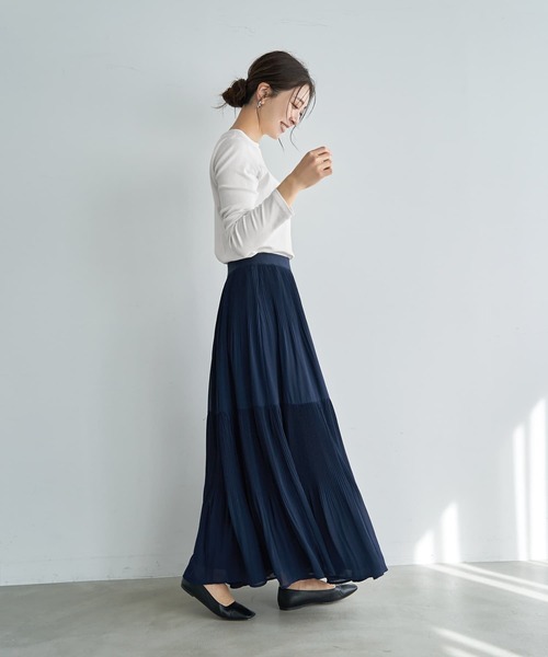 STYLE DELI（スタイルデリ）の「シフォンジョーゼットMIXプリーツスカート（スカート・レディース・ダークグリーン/グレー/ネイビー・01/02）」の13枚目の写真