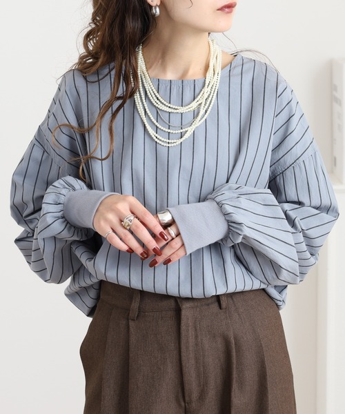 OMNES(オムネス)の「製品洗い コットンブロード裾ラウンドレイヤードブラウス ストライプ(シャツ/ブラウス・レディース・グレー系その他/ブルー系その他・FREE)」の1枚目の写真