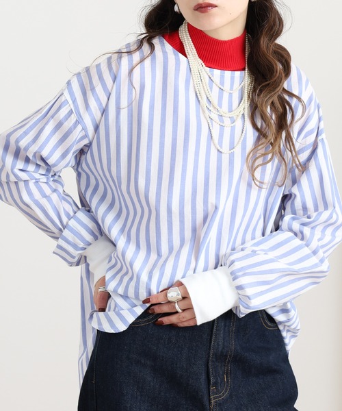 OMNES(オムネス)の「製品洗い コットンブロード裾ラウンドレイヤードブラウス ストライプ(シャツ/ブラウス・レディース・グレー系その他/ブルー系その他・FREE)」の2枚目の写真