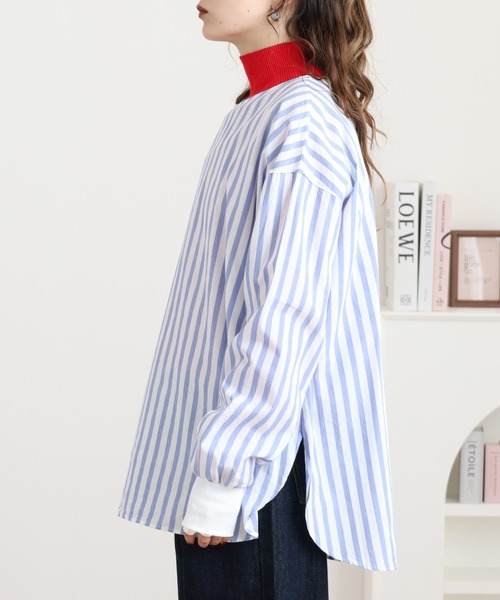 OMNES(オムネス)の「製品洗い コットンブロード裾ラウンドレイヤードブラウス ストライプ(シャツ/ブラウス・レディース・グレー系その他/ブルー系その他・FREE)」の12枚目の写真