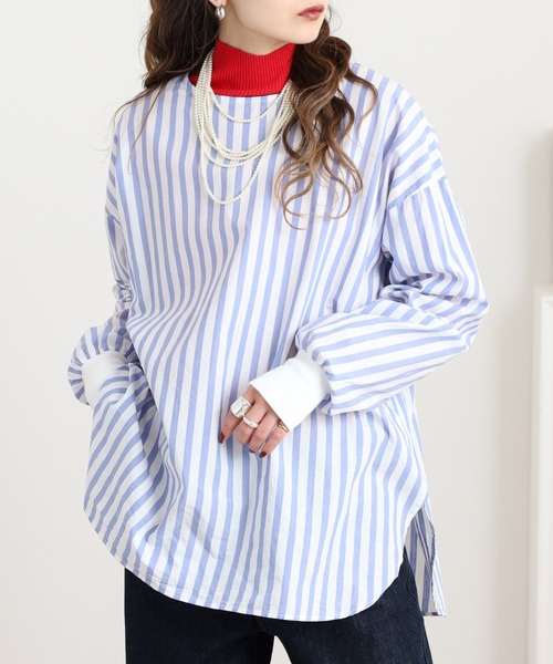 OMNES(オムネス)の「製品洗い コットンブロード裾ラウンドレイヤードブラウス ストライプ(シャツ/ブラウス・レディース・グレー系その他/ブルー系その他・FREE)」の7枚目の写真