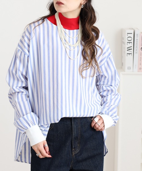 OMNES(オムネス)の「製品洗い コットンブロード裾ラウンドレイヤードブラウス ストライプ(シャツ/ブラウス・レディース・グレー系その他/ブルー系その他・FREE)」の9枚目の写真