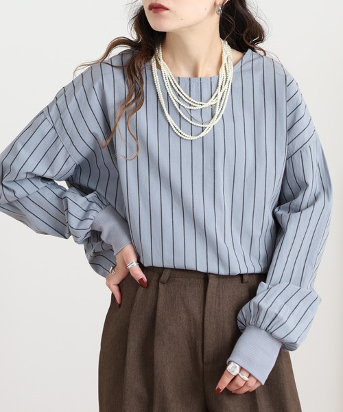 OMNES(オムネス)の「製品洗い コットンブロード裾ラウンドレイヤードブラウス ストライプ(シャツ/ブラウス・レディース・グレー系その他/ブルー系その他・FREE)」の5枚目の写真