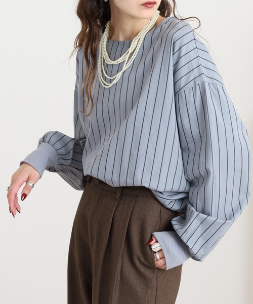 OMNES(オムネス)の「製品洗い コットンブロード裾ラウンドレイヤードブラウス ストライプ(シャツ/ブラウス・レディース・グレー系その他/ブルー系その他・FREE)」の3枚目の写真