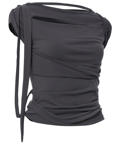 FLAREUP（フレアアップ）の「Asymmetrical Draped Strap Roll-Up T-Shirt (FL-170_Charcoal)（Tシャツ/カットソー・レディース・チャコール・OS）」の3枚目の写真