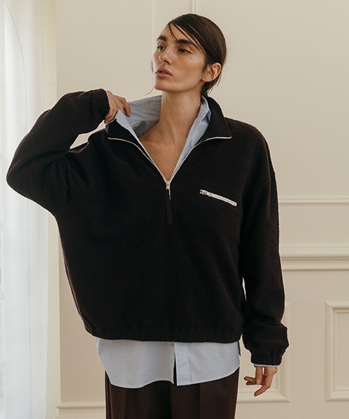 CREDONA（クレドナ）の「WOOL PILE HALF ZIP TOP/ウールパイルハーフジップトップ（Tシャツ/カットソー・レディース・グレー/ライトブルー/ボルドー・FREE）」の4枚目の写真
