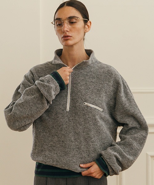 CREDONA（クレドナ）の「WOOL PILE HALF ZIP TOP/ウールパイルハーフジップトップ（Tシャツ/カットソー・レディース・グレー/ライトブルー/ボルドー・FREE）」の18枚目の写真