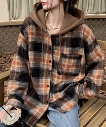 チェックフードシャツ レイヤード風シャツ