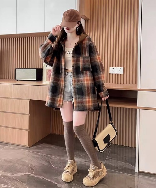 Miniministore（ミニミニストア）の「チェックフードシャツ レイヤード風シャツ（シャツ/ブラウス・レディース・ブラウン/ネイビー・FREE）」の14枚目の写真