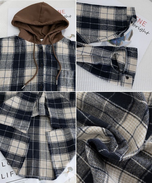 Miniministore（ミニミニストア）の「チェックフードシャツ レイヤード風シャツ（シャツ/ブラウス・レディース・ブラウン/ネイビー・FREE）」の7枚目の写真