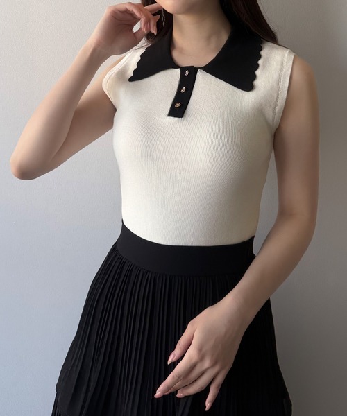 mipiarl(ミピアール)の「衿スカラップポロニットトップス(ニット/セーター・レディース・ネイビー/オフホワイト/ブラック・LARGE/MEDIUM)」の4枚目の写真