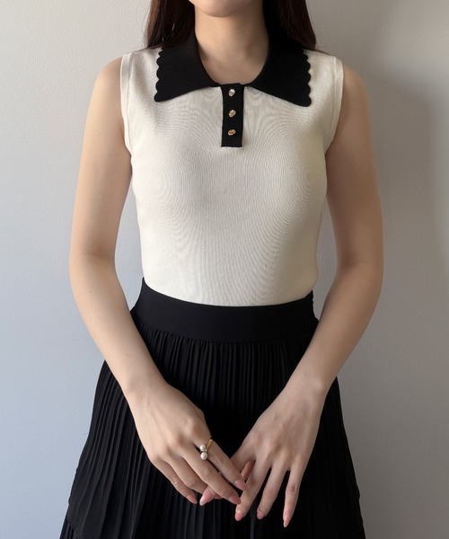 mipiarl(ミピアール)の「衿スカラップポロニットトップス(ニット/セーター・レディース・ネイビー/オフホワイト/ブラック・LARGE/MEDIUM)」の5枚目の写真