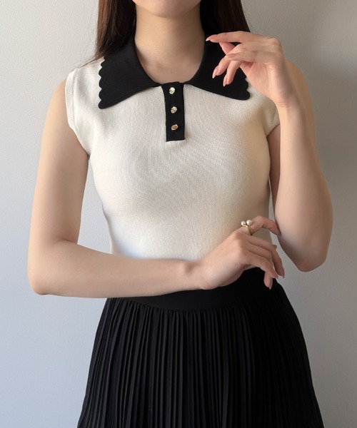 mipiarl(ミピアール)の「衿スカラップポロニットトップス(ニット/セーター・レディース・ネイビー/オフホワイト/ブラック・LARGE/MEDIUM)」の6枚目の写真