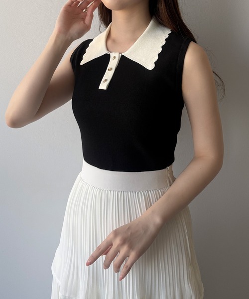 mipiarl(ミピアール)の「衿スカラップポロニットトップス(ニット/セーター・レディース・ネイビー/オフホワイト/ブラック・LARGE/MEDIUM)」の8枚目の写真