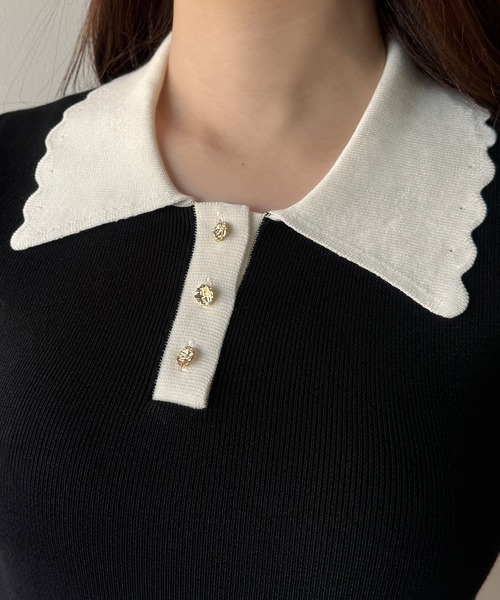 mipiarl(ミピアール)の「衿スカラップポロニットトップス(ニット/セーター・レディース・ネイビー/オフホワイト/ブラック・LARGE/MEDIUM)」の10枚目の写真