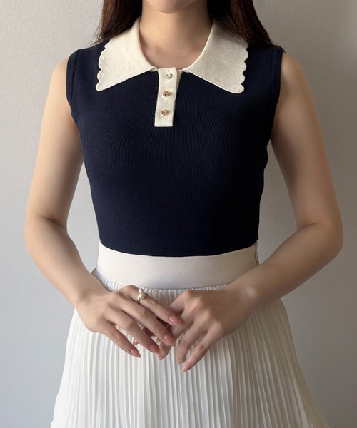 mipiarl(ミピアール)の「衿スカラップポロニットトップス(ニット/セーター・レディース・ネイビー/オフホワイト/ブラック・LARGE/MEDIUM)」の12枚目の写真