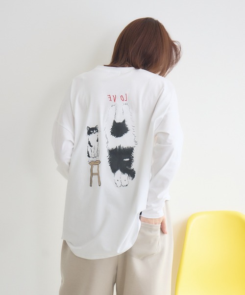 meeny miny(ミーニーマイニー)の「【meeny miny】CAT & BAKES 9456 『love』ロンT(Tシャツ/カットソー・レディース・ホワイト/カーキ/チャコールグレー・M-L/S-M)」の2枚目の写真