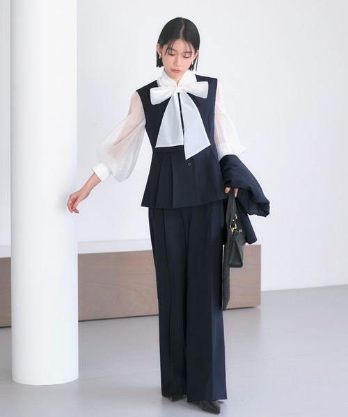 RUIRUE BOUTIQUE（ルイルエブティック）の「ストレッチ ｜ 【３点】 ピークドラペルジャケット ＆ ペプラムジレ ＆ タックワイドパンツ セット ｜ セレモニースーツ・フォーマルスーツ・ママスーツ・パンツスーツ・セットアップ（スーツセット・レディース・ネイビー/チャコール/ブラック・L/M）」の21枚目の写真