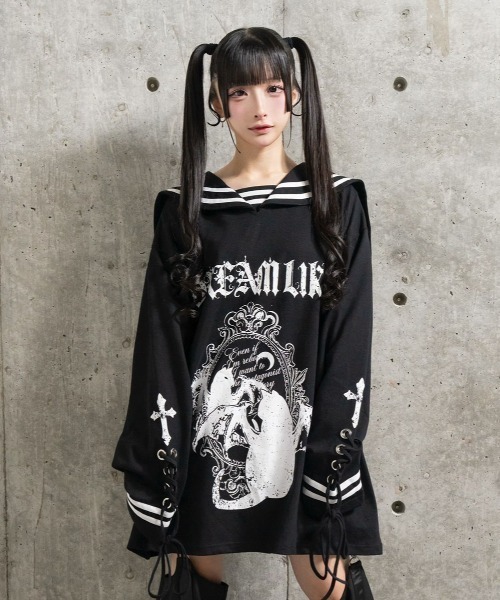 Amilige(アミリージュ)の「Black Mirror Kittyセーラートップス(Tシャツ/カットソー・レディース・ブラック/ホワイト・FREE)」の2枚目の写真