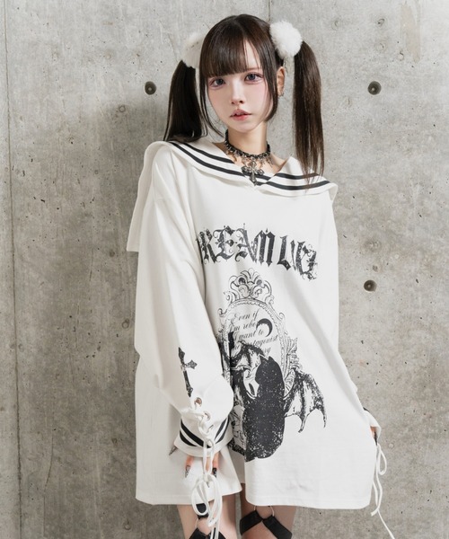 Amilige(アミリージュ)の「Black Mirror Kittyセーラートップス(Tシャツ/カットソー・レディース・ブラック/ホワイト・FREE)」の8枚目の写真