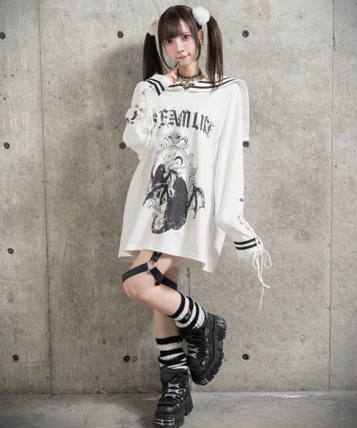 Amilige(アミリージュ)の「Black Mirror Kittyセーラートップス(Tシャツ/カットソー・レディース・ブラック/ホワイト・FREE)」の9枚目の写真